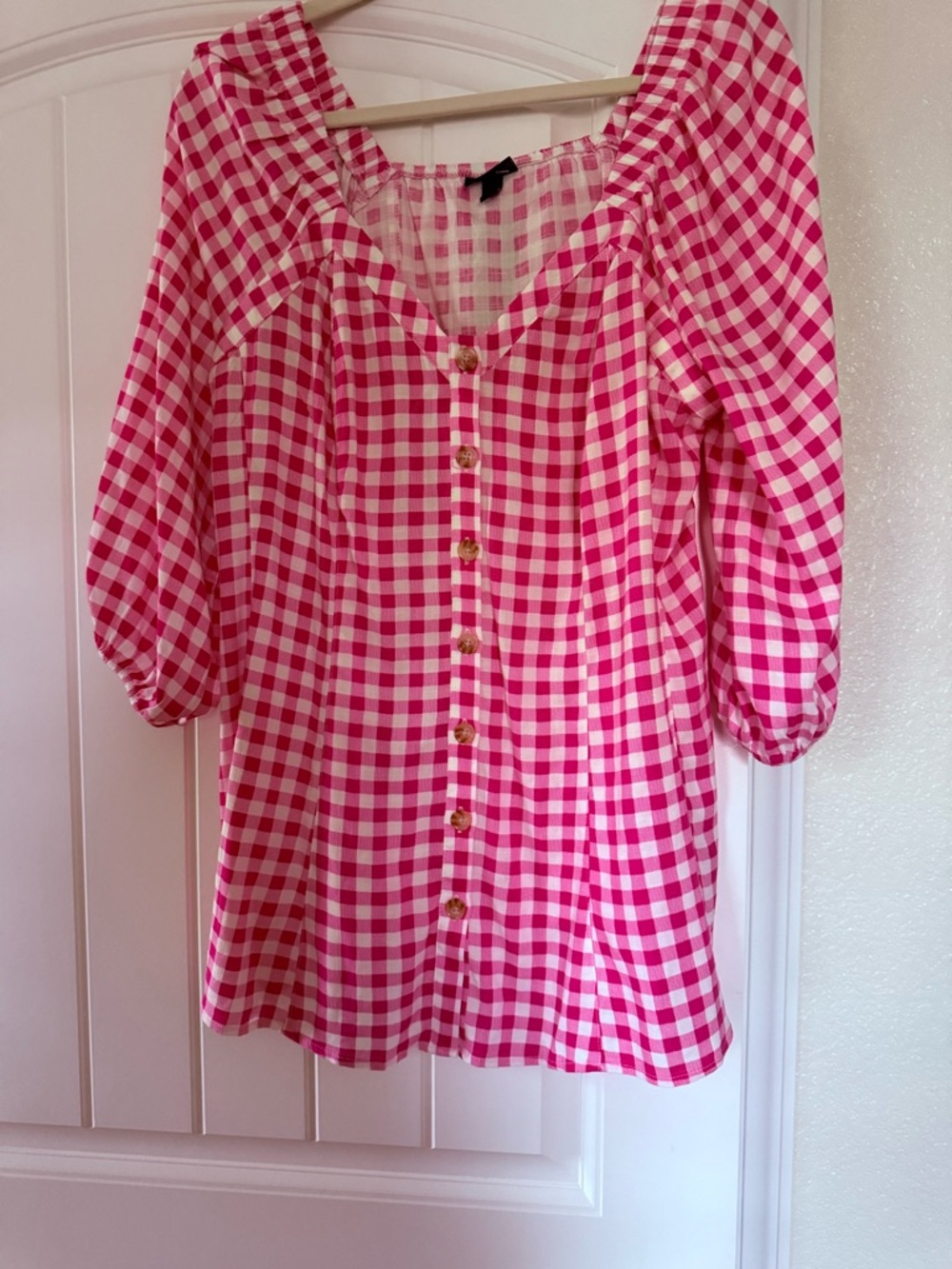 Torrid Fit Flare Button Up 3/4 Sleeve Gingham Pink Top 1X 14/16 NWT - Picture 10 of 15